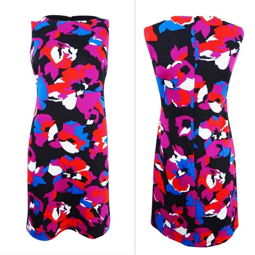 Sleeveless Floral Shift Dress in Black with Red, Pink & Blue